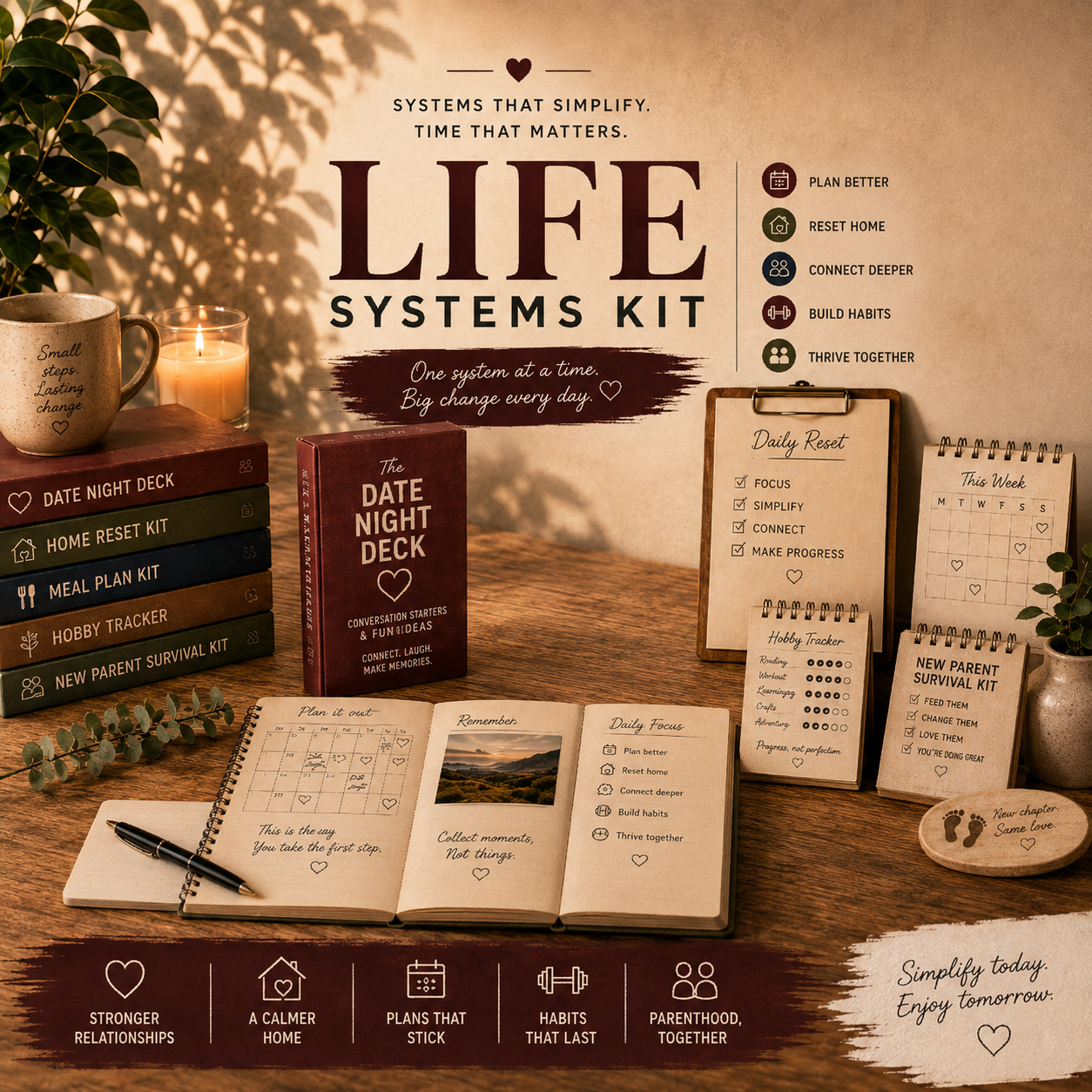 Life Systems Kit binder on a warm oak desk with morning coffee and eucalyptus