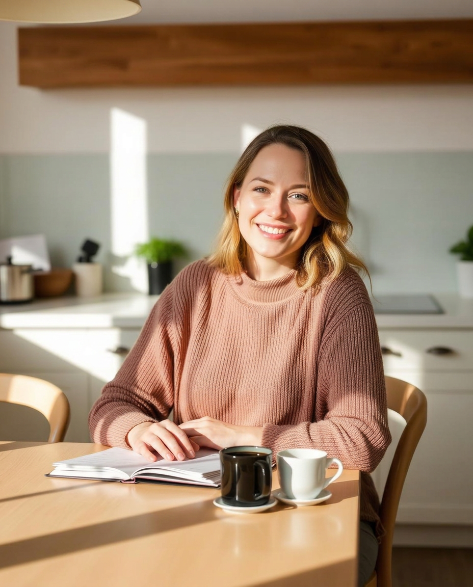 A calm woman at a sunlit kitchen table