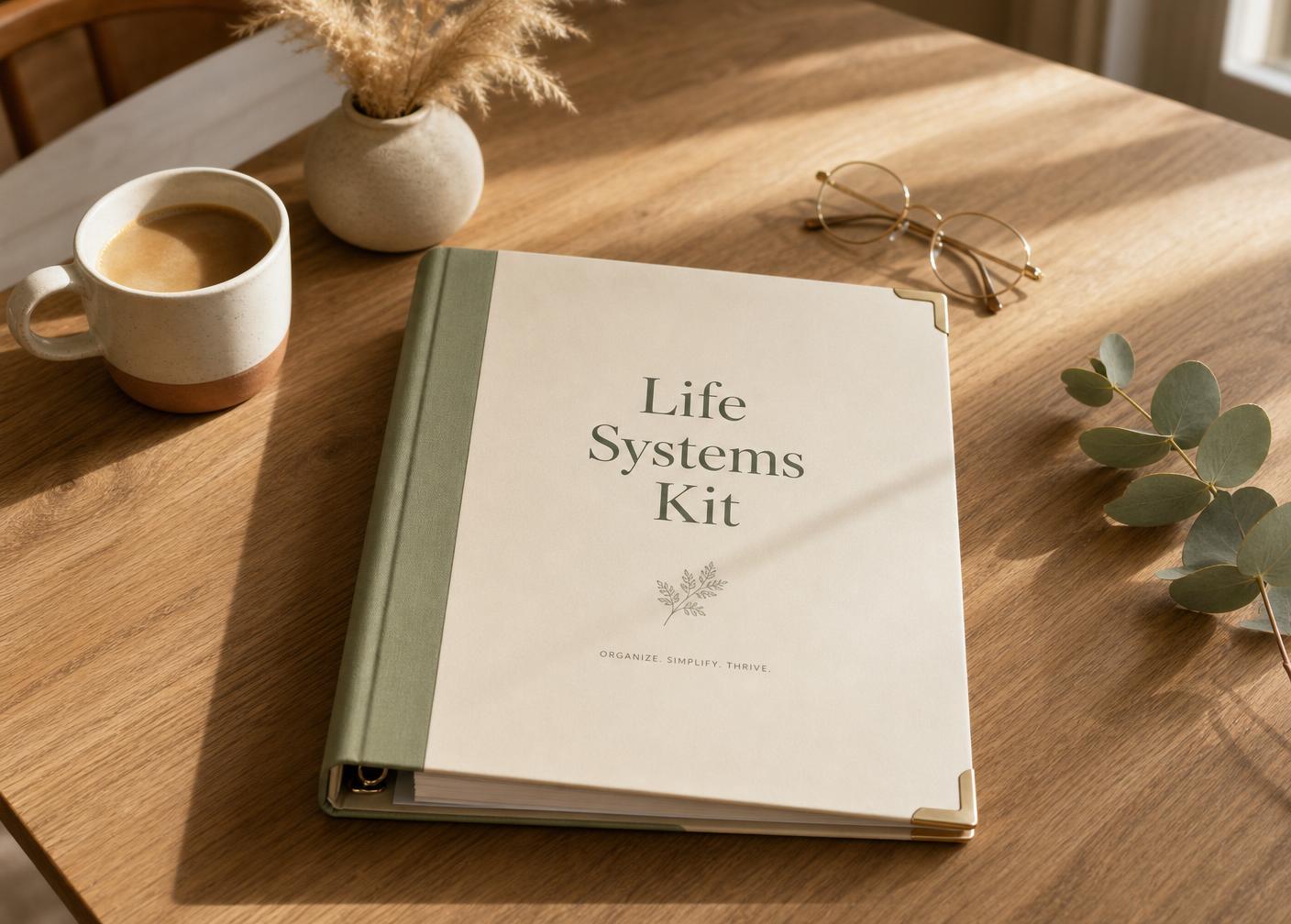 Life Systems Kit binder on a warm oak desk with morning coffee and eucalyptus