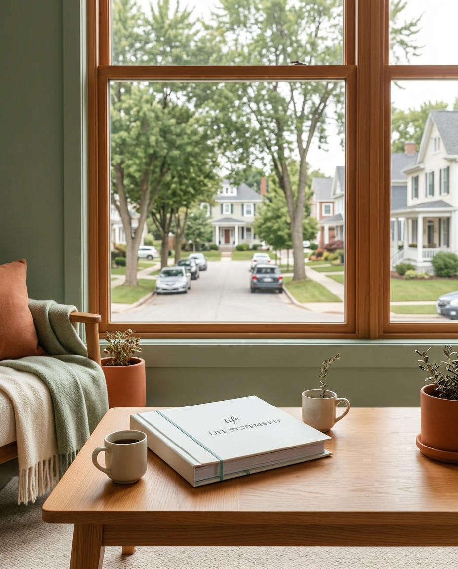 A Life Systems Kit binder on a warm oak living room coffee table, with a view through a window toward a quiet neighborhood street